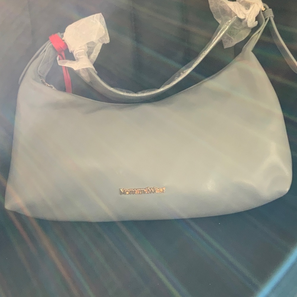Montana West Light Blue Shoulder Hobo Bag with Red Accent